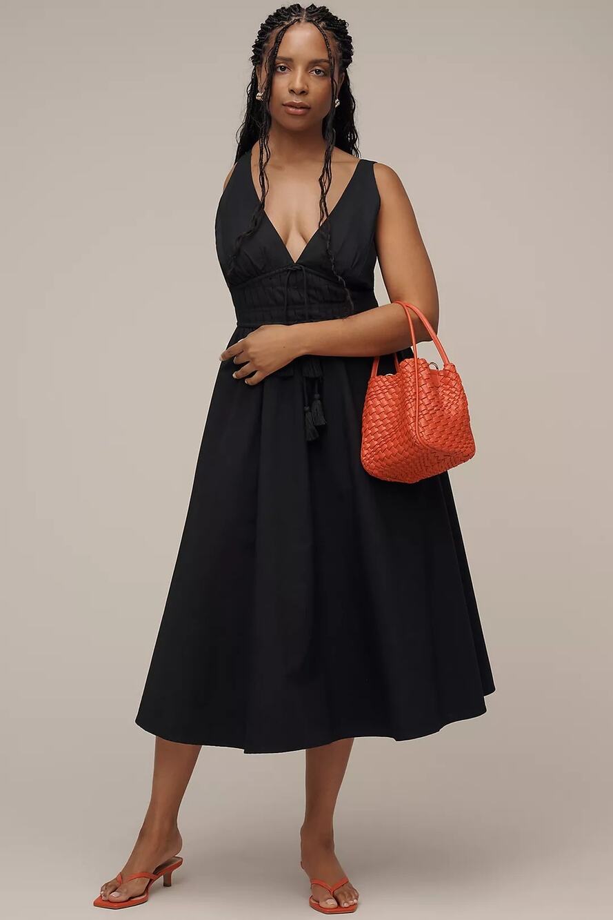 New Anthropologie Maeve Sleeveless V-Neck Tie-Waist Midi Dress $168 LARGE Black